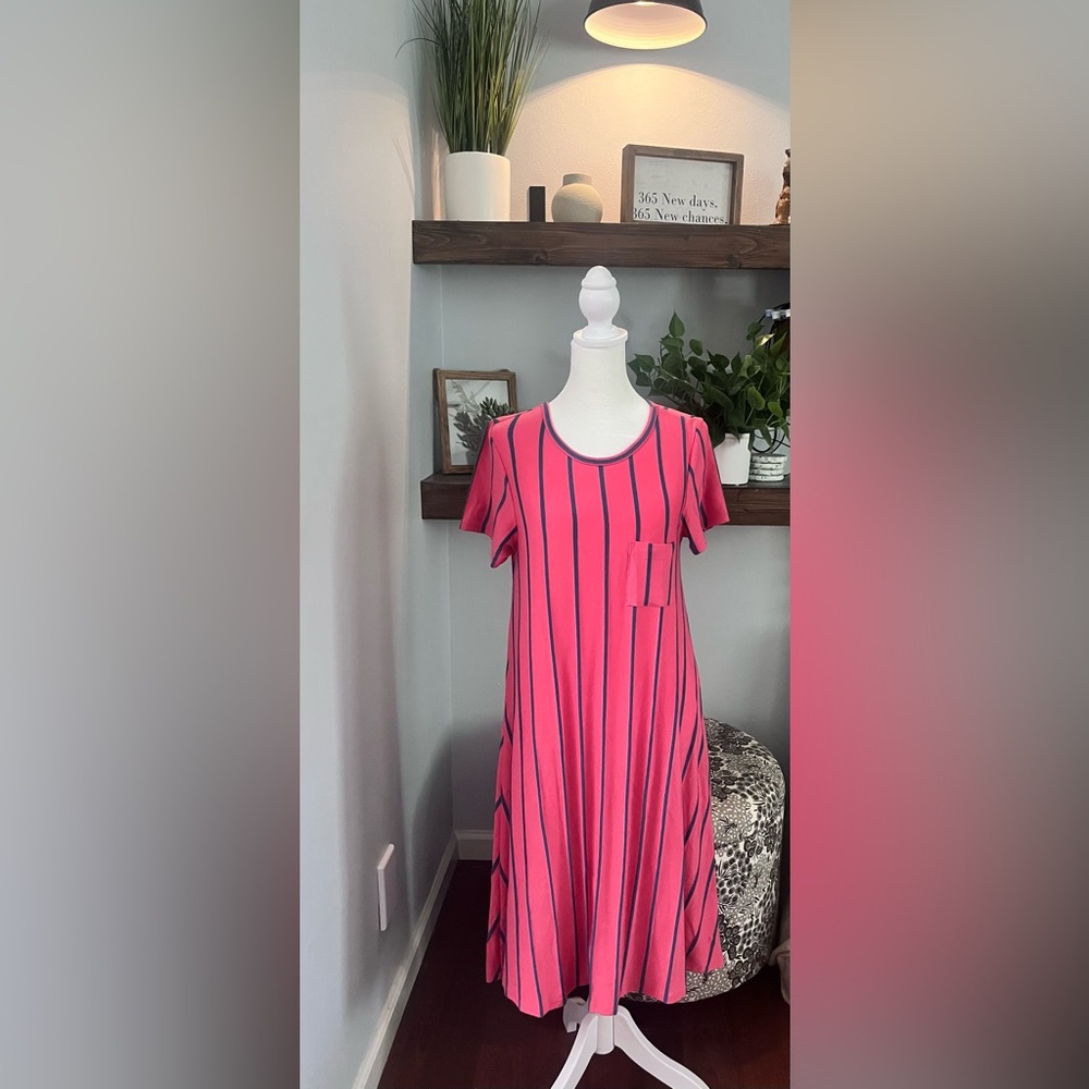 Lularoe Carley Pink and Blue Striped Dress